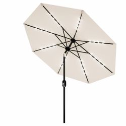 Sun-Ray 9 FT 32 LED Patio Solar Umbrella w/ Push Button Tilt and Crank Outdoor Umbrella, 8 Sturdy Ribs, UV Protection, Solution-Dyed Fabric, Creamy Be