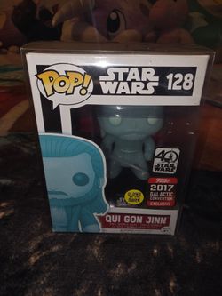 Funko Pop! Star Wars Qui Gon Jinn 2017 Vinyl #128 Exclusive GLOWS In Protector