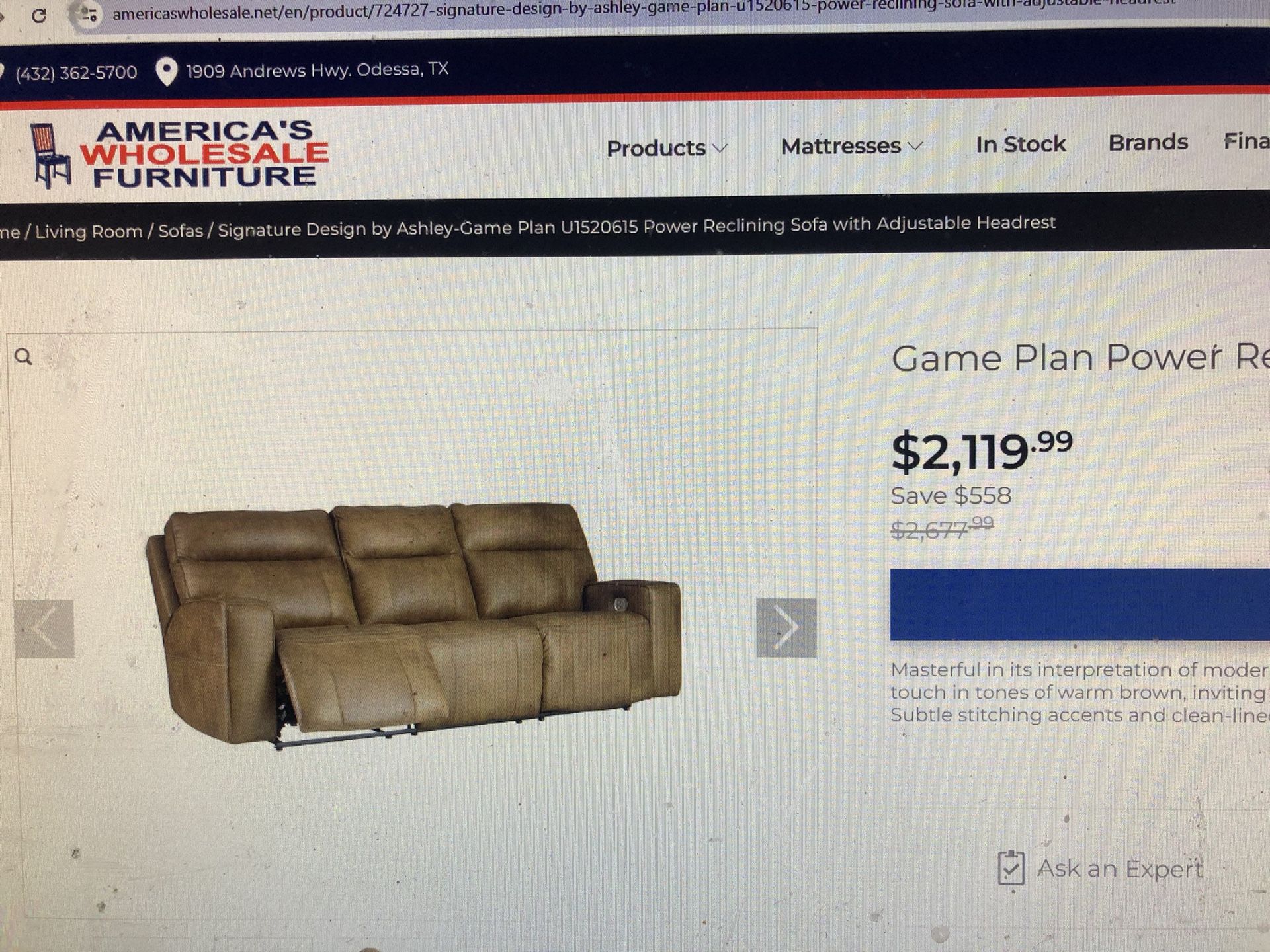 Brand New Game Plan Leather Sofa 89” Beautiful Sofa Power Control With Headrest Control Too By Ashley Furniture