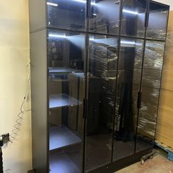 Wardrobe Cabinet with LED Light Strips, Modern Armoire Closet with Glass Doors, 59.1" W Large Bedroom Armoire Clothes Organizer with Shelve & Hanging 