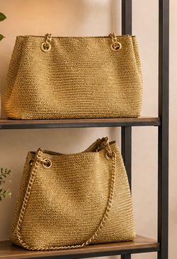 Woven Straw Tote Bags with Gold Chain Handles