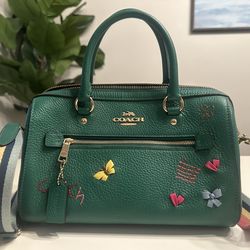 Coach Rowan Satchel With Diary Embroidery Green Leather Crossbody Bag NWT