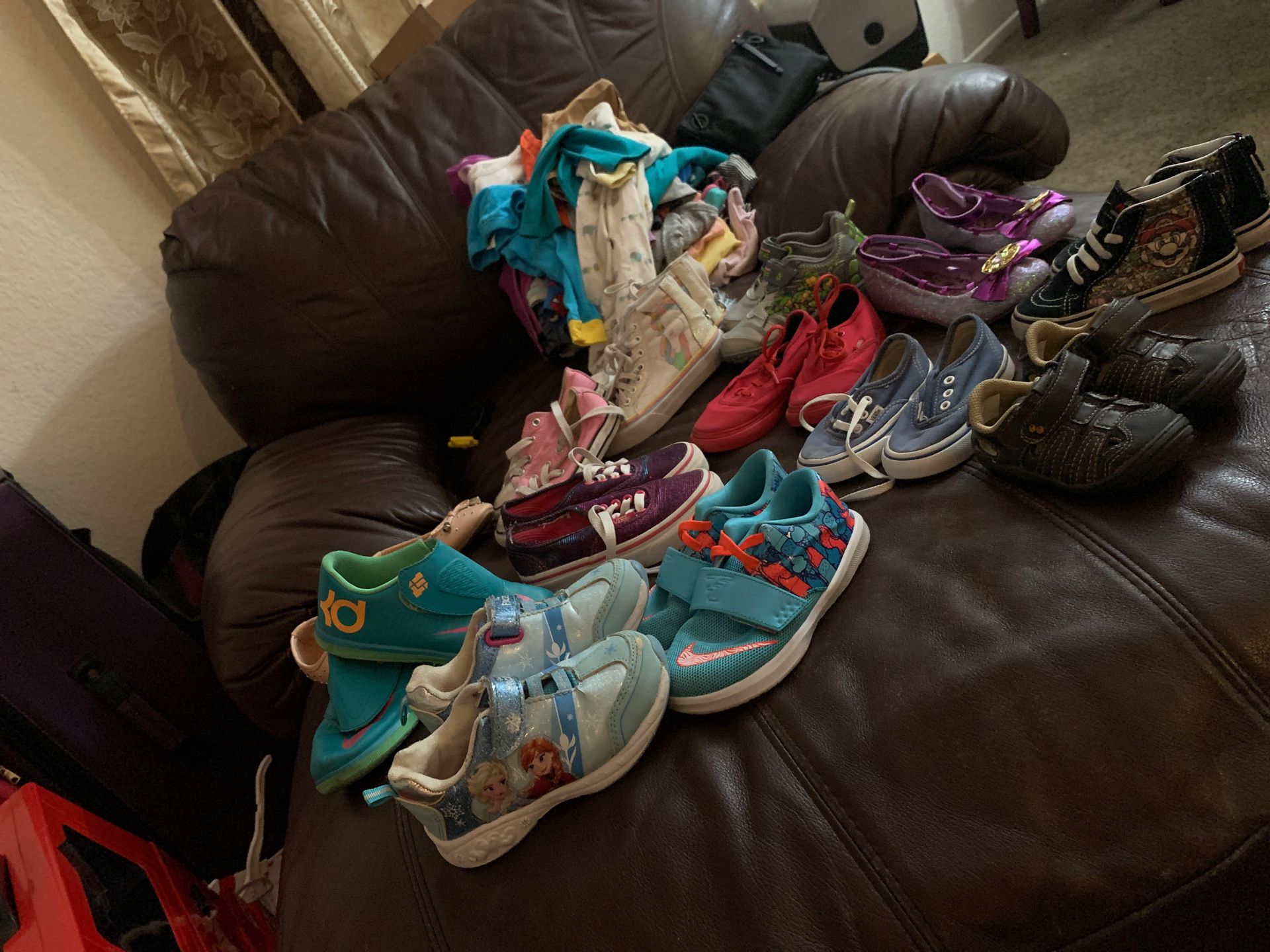 I’m selling my kids shoes they’re practically brand new all of them I need to get rid of a lot of baby clothes toddler clothes if anyone’s interested