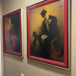   2 Antique   1920'S-30'S CREEPY SAD CLOWNS * LARGE OIL PAINTING BY Edward Runci Clown 