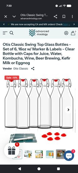 Otis Classic Swing Top Glass Bottles -Set of 6, 16oz w/ Marker & Labels - Clear Bottle with Caps for Juice, Water, Kombucha, Wine, Beer Brewing, Kefir
