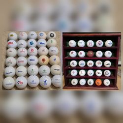 50 Golf Ball Collection and Small Wooden Display Case