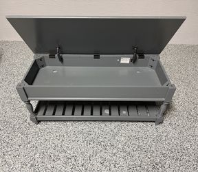 Gray Wood Lift-Top bench with Storage Compartment & Lower Shelf Perfect for indoor use, this storage bench measures 43 inches in length, 18 inches in