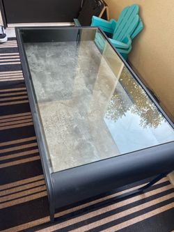 Glass Coffee Table w Faux Concrete and Faux Wood