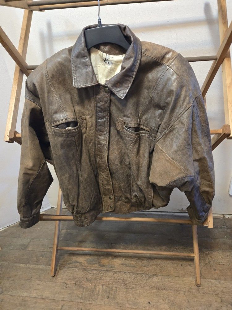 Global Identity Brown Leather Bomber Jacket [SMALL)