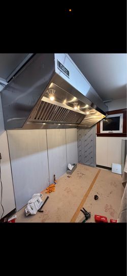 Restaurant stainless steel exhaust hood install, new ductwork design hvac install