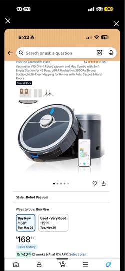 Vacmaster V10i 3-in-1 Robot Vacuum and Mop Combo