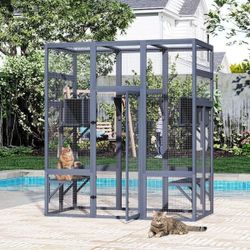 Gray 70" Outdoor Cat House for Large Cats, Enclosure Wood Cat Cage with Platforms and Small House, Gothic Kitty Catio Condo Playpen, Grey, NEW 

