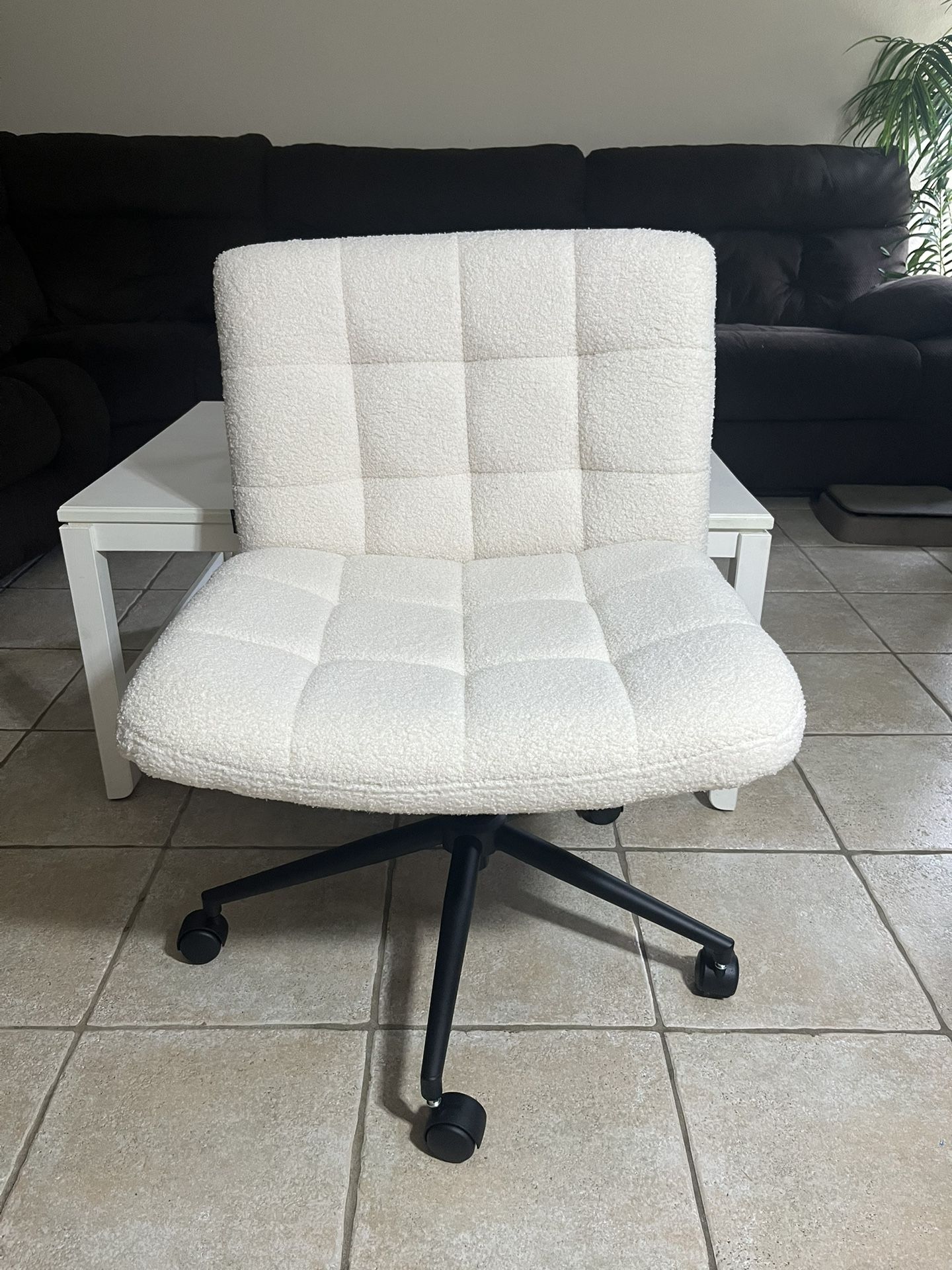 Sherpa Office Desk Chair with Wheels,Criss Cross Legged Wide Armless Adjustable Swivel Accent Vanity white