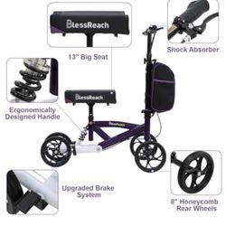BlessReach Steerable Knee Walker Deluxe Medical Scooter for Foot Injuries Compact Crutches, with Dual Rear on-Wheel Brake and Shock Absorption Under T