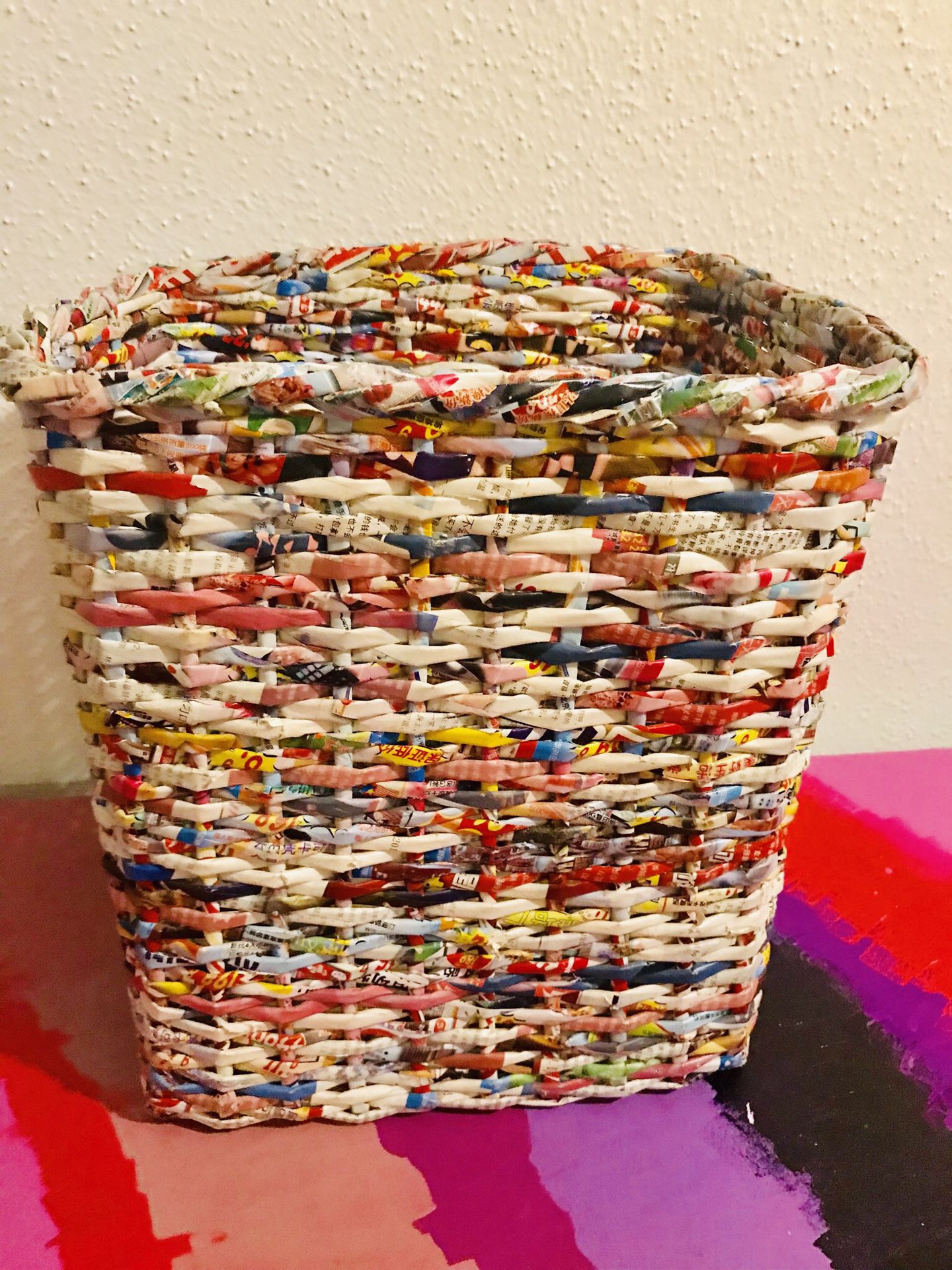 Hand Made Woven Recycled Newspaper Paper Basket Trash Can, Container / Storage Bin Medium Environmentally Friendly