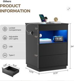 Nightstand with Hidden Compartment & USB/Type-C Charging Station - Locking Night Stand with Gun Drawer, LED Lights.- Gray