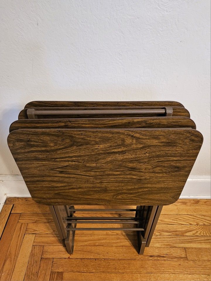 MCM 5 Piece Folding TV Snack Tray Table Set With Stand In A Walnut Finish