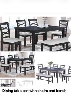 Dining table set with chairs and bench