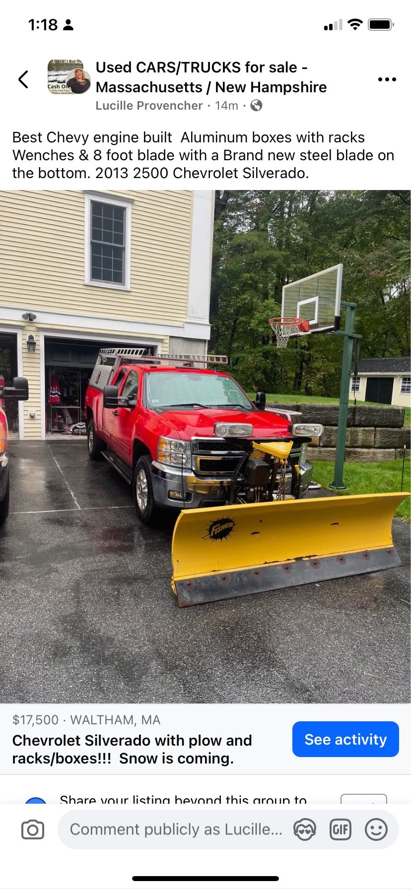 Chevrolet Silverado 2013 180,000 miles comes with aluminum boxes racks wrenches 8 foot blade with a brand new steel blade on the bottom
