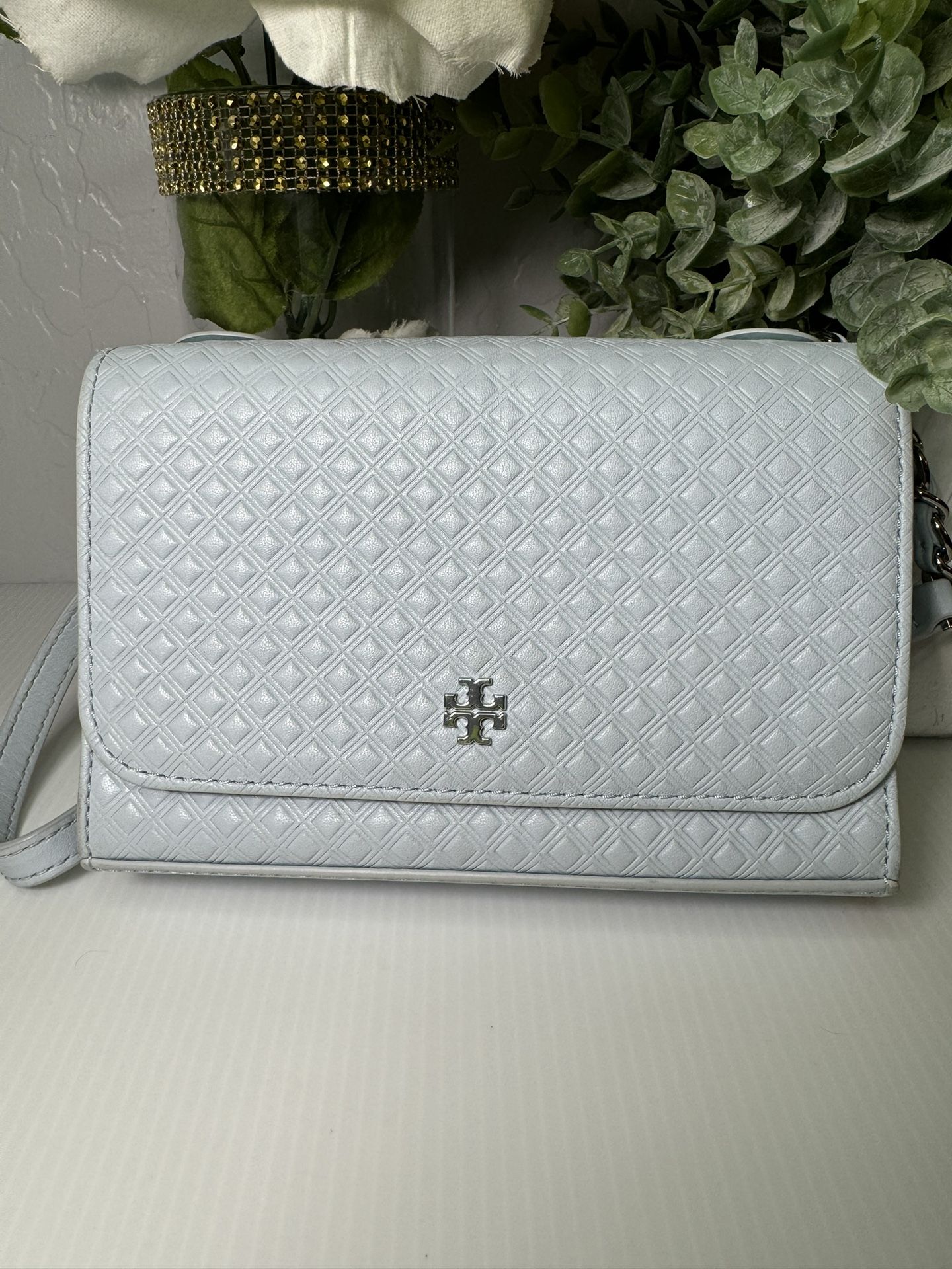 Tory Burch Beautiful Light Blue Crossbody Bag with Silver-Toned Hardware