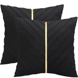 Tosleo Black Pillow Covers 18 x18 inch Pack of 2 with Gold Leather Velvet Throw Pillow Covers Decorative Couch Pillow Cover Luxury Modern Pillowcases 