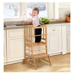 Toddler Standing Tower - Adjustable Height Toddler Kitchen Stool Helper - Kids Kitchen Step Stool for Learning with Removable Safety Railing Natural
