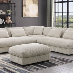 NEW Minimalist Modern Sectional Sofa and Ottoman Set Soft Beige Fabric Ashley style Couch BIG Clearance SALE Grey Dark Chocolate Brown Closeout DEAL!