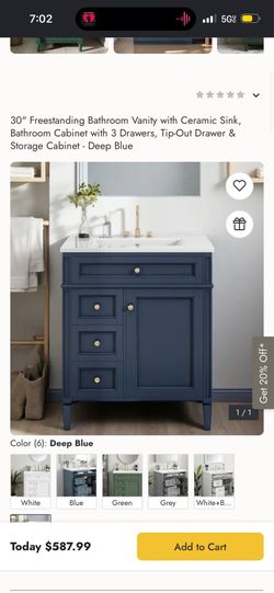 30" Freestanding Bathroom Vanity with Ceramic Sink, Bathroom Cabinet with 3 Drawers, Tip-Out Drawer & Storage Cabinet - Deep Blue