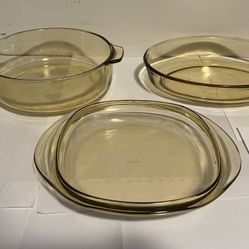 3 Pcs Like New Amber Glass Baking Dishes-Oval One 10”x8”, The Round One 10”