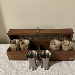 New and Never Used Set Of 6 Pewter Beakers In Wooden Box and 2 Free Gifts 
