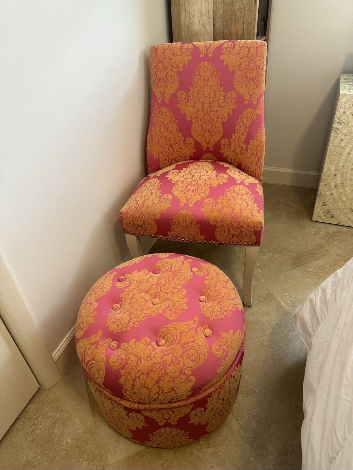 Damask Pattern Orange & Pink Chair And Ottoman Set