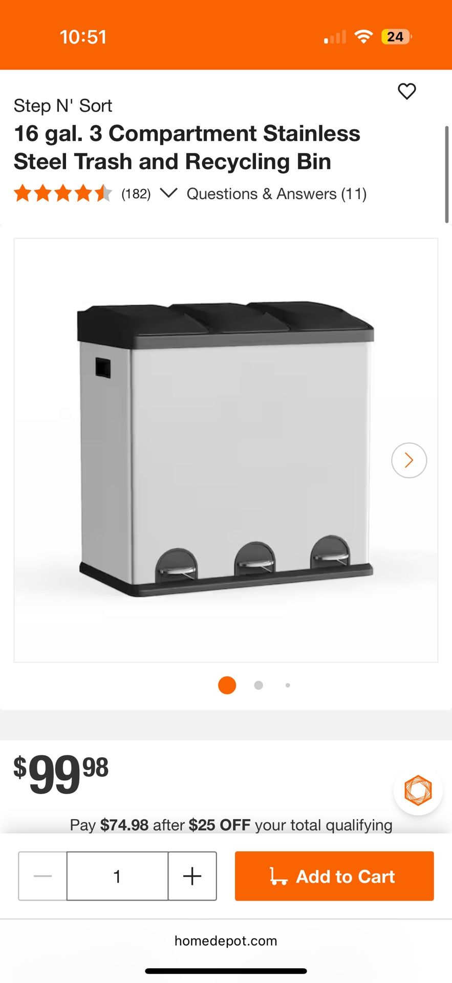 3 Compartment Stainless Steel Trashcan (read description)