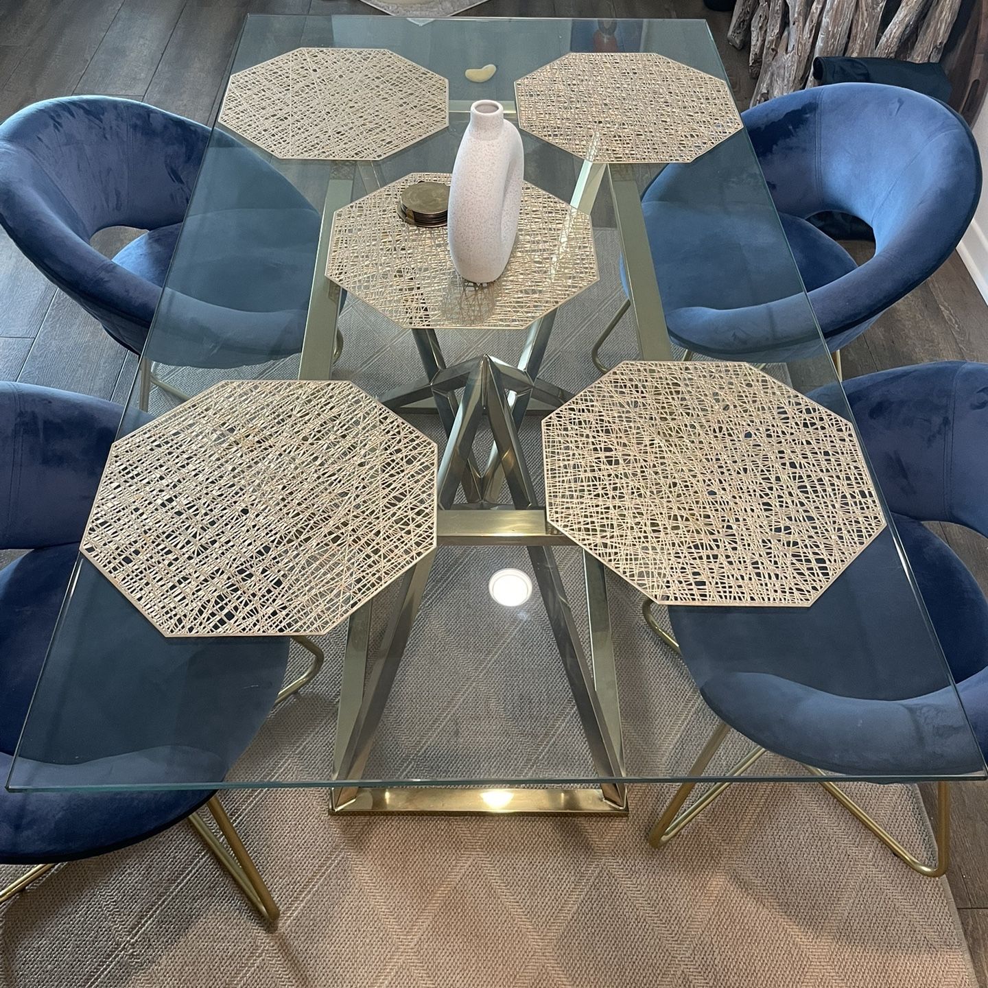 Glass dining table set with 4 velvet chairs, gold hardware