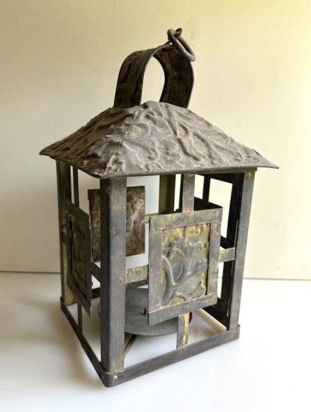 Antique Embossed Metal Hanging Or Table Candle Lantern Garden Porch Yard Decor
