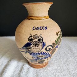 Vintage Mexican Tonala Pottery Vase with Hand Painted Owl