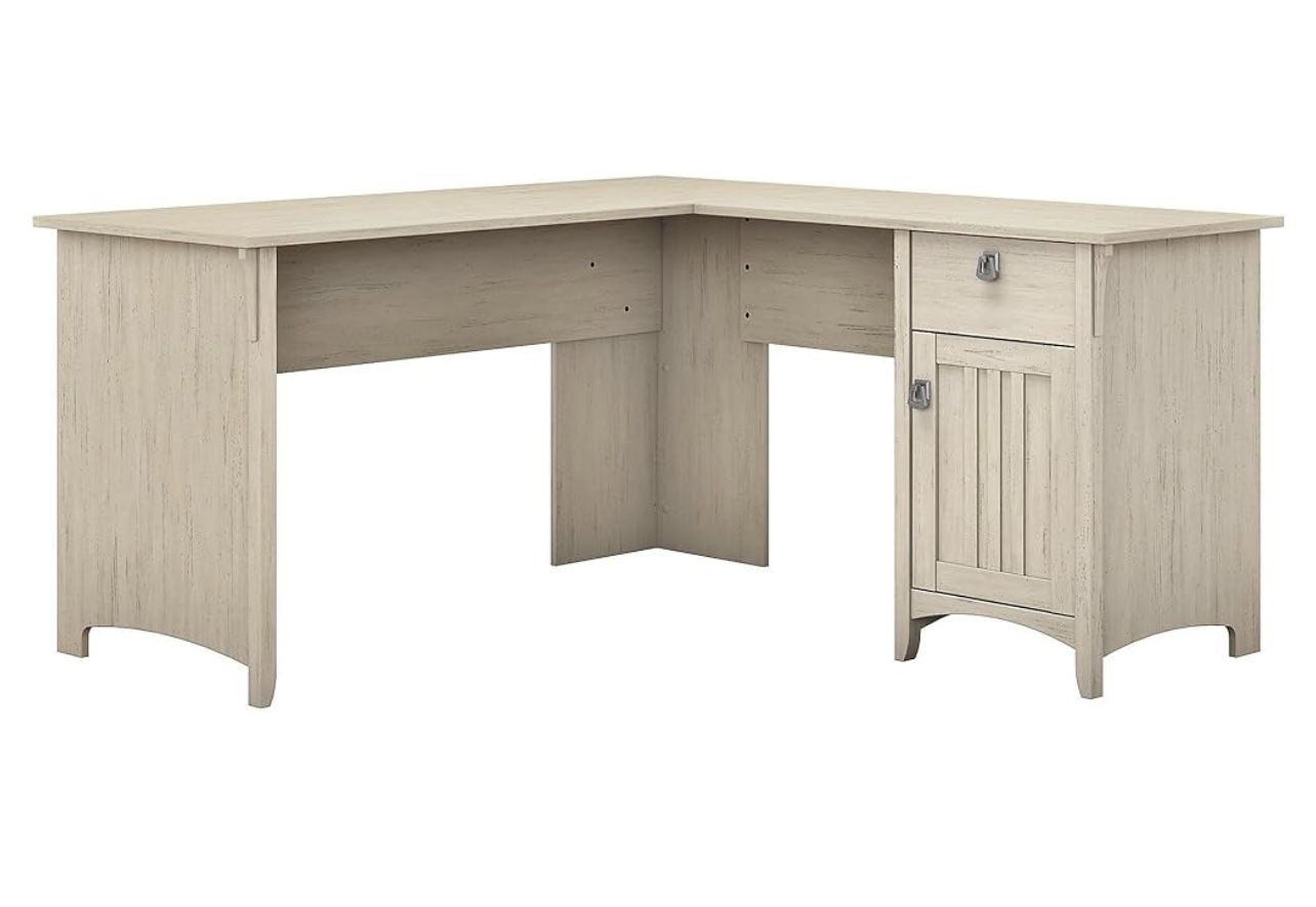 Gently Used Bush Furniture Salinas L-Shaped Desk with Storage in Antique White - $150 (Retail $210)