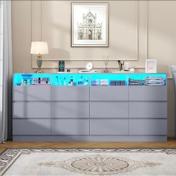 63" 12-Drawer Dresser with Divided Compartments, Power Outlet & LED Lights