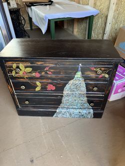 Hand-Painted Antique Chest — Peacock & Roses, One of a Kind