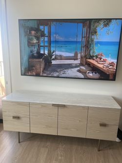 WEST ELM Delphine Buffet (63") Marble & Wood Feather Gray NEW Condition   Overall: 63"w x 18"d x 28"h Drawer (4): 12.5"w x 15.25"d x 6.25"h Cabinet: 3