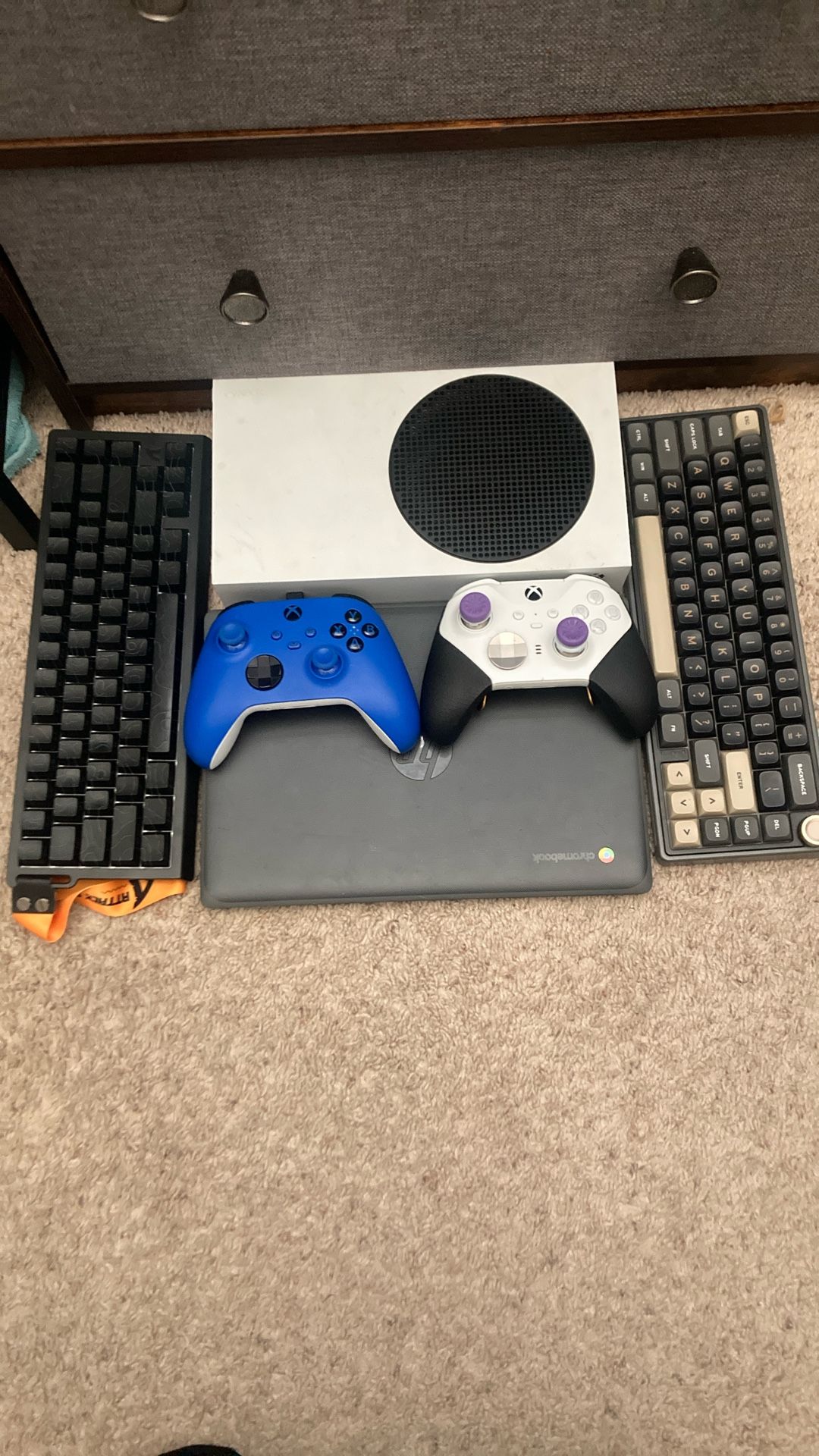 Xbox And Chromebook With Keyboards And Controllers