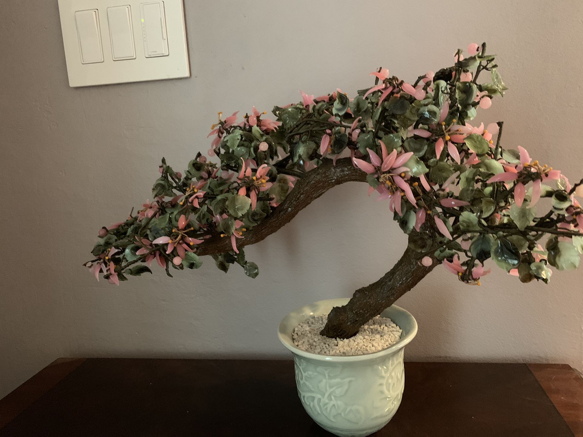 Vintage Chrysanthemum Jade Glass Flower Bonsai Tree In Celadon Pot