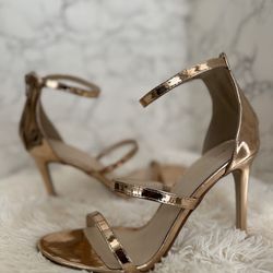 Rose Pink Gold Metallic Mirror Shine Triple Strap Stilettos Ankle Strap Heels Sandals Sz Prom Wedding Party