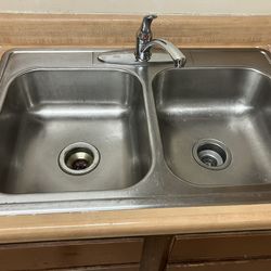 Stainless Steel 22” X 33” Double Bowl Sink And Faucet