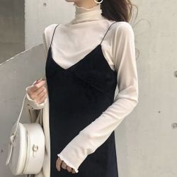 Sheer lettuce hem long sleeve turtleneck layering shirt