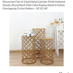 Set of 3 Gold Metal Cylinder Pedestal Stands