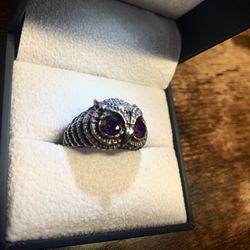 Sterling Silver Owl Ring w/ Genuine Amethyst Gemstones 