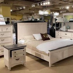 Sawyer Antique White/Brown Panel Bedroom Set 