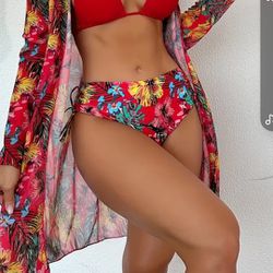 3 -Pieces  Tropical Prints Bikini Sets High Cut  Size Small Medium Large Xl 