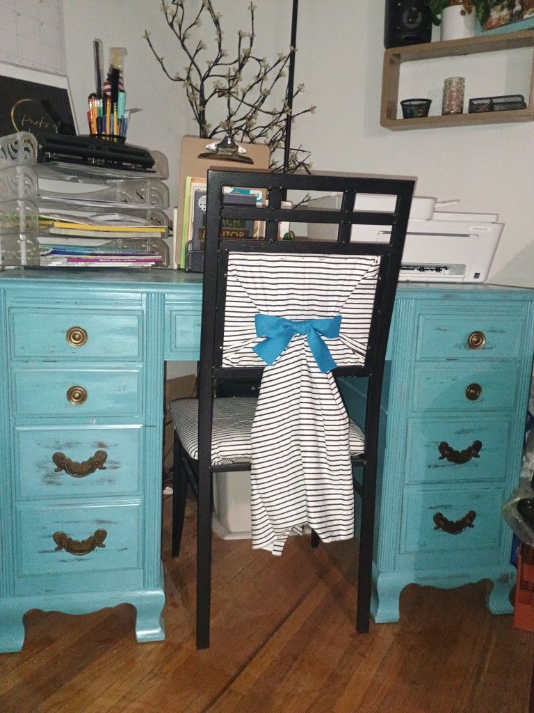 Make This Beautiful Antique Teal Wooden Desk And Reupholstered Metal Chair Yours TODAY!