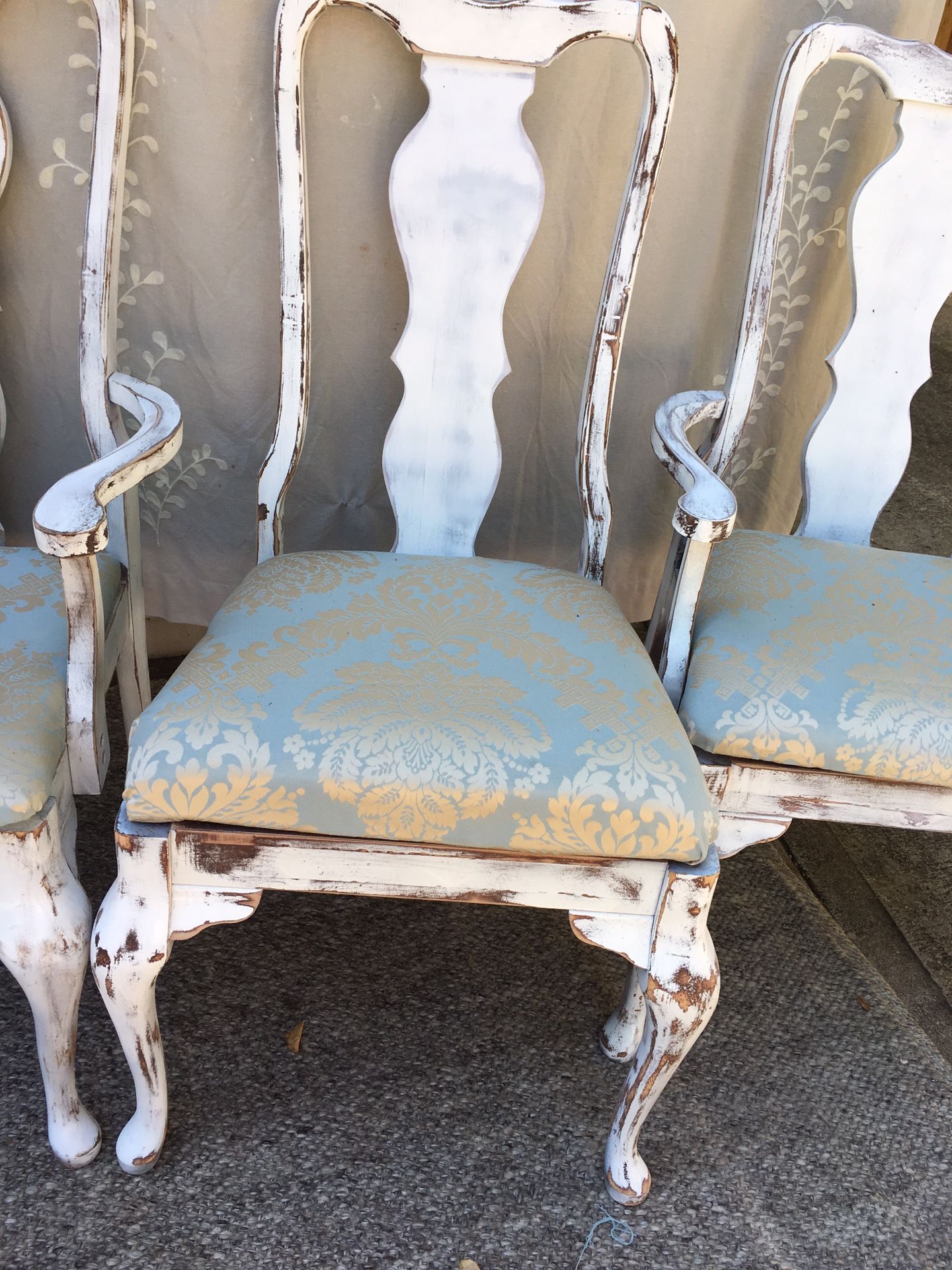 Beautifully distressed antique queen and chairs with designer silk’